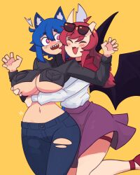 Rule 34 | 2girls, :3, @ @, absurdres, animal ear fluff, animal ears, arm around waist, blue hair, blue pants, blush, borrowed character, breasts, broken horn, cat ears, cat girl, closed eyes, collared shirt, cowboy shot, cropped shirt, demon wings, doce, eyewear on head, fang, female focus, freckles, grabbing, grabbing another&#039;s breast, grey shirt, hair between eyes, hands up, harmony (xenogiri), highres, horns, large breasts, leg up, midriff, multiple girls, navel, oni horns, open mouth, original, pants, pink eyes, purple skirt, red hair, sharp teeth, shirt, short hair, skin fang, skirt, sunglasses, surprised, teeth, torn clothes, torn pants, underboob, white shirt, wings, xiao (docecaedrus), yellow background