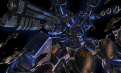 Rule 34 | aiming, bazooka (gundam), black background, chain mine, commentary request, deraken, glowing, glowing eye, gun, gundam, gundam 0080, highres, holding, holding gun, holding weapon, horns, kampfer (mobile suit), mecha, no humans, red eyes, robot, shotgun, single horn, solo, spikes, weapon