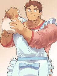 Rule 34 | 1boy, affectionate, animal, apron, bara, blue apron, brown hair, cleft chin, cowboy shot, dark-skinned male, dark skin, dog, facial hair, highres, holding, holding animal, inukai komugi, inukai komugi (dog), inukai tsuyoshi, male focus, mature male, muscular, muscular male, pectoral cleavage, pectorals, precure, puppy, sawch cls, short hair, sideburns stubble, simple background, smile, solo, standing, stubble, tareme, thick eyebrows, wonderful precure!