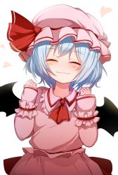 Rule 34 | 1girl, ascot, bat wings, blue hair, closed eyes, closed mouth, cowboy shot, hagure kedama, hat, hat ribbon, heart, mob cap, pink hat, pink shirt, pink skirt, red ascot, red ribbon, remilia scarlet, ribbon, shirt, short hair, simple background, skirt, solo, standing, touhou, white background, wings