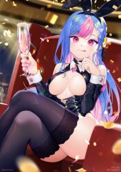 Rule 34 | 1girl, :q, ass, bare shoulders, bing hayu, black hairband, black leotard, black thighhighs, blue hair, breasts, camisado, chair, champagne flute, cleavage, closed mouth, colored inner hair, crossed legs, cup, detached sleeves, drinking glass, hair ornament, hairband, hands up, highleg, highleg leotard, highres, holding, holding cup, index finger raised, large breasts, latex, leotard, long hair, long sleeves, looking at viewer, luvdia, mole, mole on breast, mole under eye, multicolored hair, pink eyes, pink hair, playboy bunny, sitting, smile, solo, thighhighs, thighs, tongue, tongue out, two-tone hair, virtual youtuber, wing collar, wrist cuffs