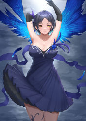 Rule 34 | 1girl, armpits, arms up, black dress, black gloves, black hair, blue feathers, blue flower, blue rose, blue wings, breasts, cleavage, dress, elbow gloves, feathers, flower, gloves, hair ornament, hayami kanade, highres, idolmaster, idolmaster cinderella girls, large breasts, light smile, looking at viewer, parted bangs, rose, short hair, shougun (chuckni1), solo, wings, yellow eyes