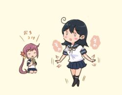 Rule 34 | 2girls, ahoge, akebono (kancolle), bell, black hair, blush stickers, chibi, comic, commentary request, cup, closed eyes, flapping, flower, hair bell, hair between eyes, hair flower, hair ornament, kantai collection, kneeling, legs together, long hair, multiple girls, o o, open mouth, pleated skirt, purple hair, saiguchi otoufu, school uniform, serafuku, short sleeves, side ponytail, skirt, smile, socks, standing, translation request, ushio (kancolle), yellow background, yunomi