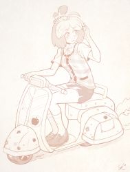 Rule 34 | 1girl, ahoge, animal crossing, bell, blush stickers, breasts, driving, hair bell, hair ornament, highres, humanization, isabelle (animal crossing), mario (series), mario kart, mario kart 8, monochrome, motor vehicle, nintendo, pencil skirt, personification, plaid, sally (luna-arts), scooter, short hair, skirt, small breasts, solo, vehicle, vest