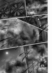 Rule 34 | aircraft, comic, greyscale, imizu (nitro unknown), monochrome, moon, night, night sky, no humans, propeller, silent comic, sky, touhou, translation request, zooming out