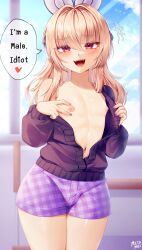 Rule 34 | 1boy, absurdres, alternate costume, androgynous, arena of valor, artist name, bare shoulders, blonde hair, blush, clothes, english text, highres, iggy (arena of valor), long sleeves, mizumizzumiz, nail polish, navel, nipples, official alternate costume, open clothes, open mouth, open shirt, plaid, plaid shorts, purple nails, purple shorts, rabbit ears, red eyes, shorts, speech bubble, thighs, trap