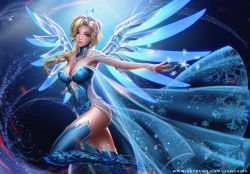 Rule 34 | 1girl, armpits, blonde hair, blue eyes, boots, braid, breasts, cleavage, crown, dress, female focus, hair ornament, high heel boots, high heels, ice, ice wings, large breasts, liang xing, lips, long hair, looking at viewer, mercy (overwatch), overwatch, overwatch 1, snowflakes, solo, thighhighs, wings, zettai ryouiki