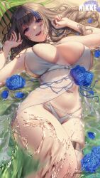 Rule 34 | 1girl, absurdres, bikini, blue flower, blue hair, blue rose, blush, braid, breasts, earrings, eyelashes, flower, goddess of victory: nikke, highres, huge breasts, jewelry, logo, long hair, looking at viewer, love cacao, low-braided long hair, low-tied long hair, lying, mary (bay goddess) (nikke), mary (nikke), multicolored hair, official art, on back, parted lips, petals, rose, sand, solo, streaked hair, swimsuit, thigh strap, water, wet, white bikini