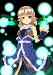 Rule 34 | 1girl, absurdres, adapted costume, blonde hair, female focus, glowing, green eyes, highres, looking at viewer, mizuhashi parsee, pointy ears, saemon (tonpura), scarf, short hair, sleeveless, smile, solo, touhou, wrist cuffs