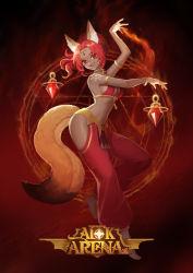 Rule 34 | 1girl, absurdres, afk arena, animal ears, barefoot, breasts, cleavage, dark skin, fox ears, fox tail, goodbyerb, highres, looking at viewer, open mouth, red eyes, red hair, satrana (afk arena), tail