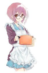 Rule 34 | 1girl, :d, apron, blue sailor collar, blue skirt, brown eyes, cardigan, cooking pot, eyes visible through hair, frilled apron, frills, glasses, hair between eyes, highres, holding, holding cooking pot, kita high school uniform, long sleeves, looking at viewer, maid apron, maid day, nagato yuki, nanabuluku, open mouth, outside border, purple hair, sailor collar, school uniform, serafuku, short hair, simple background, skirt, smile, solo, steam, suzumiya haruhi no shoushitsu, suzumiya haruhi no yuuutsu, white apron, white background