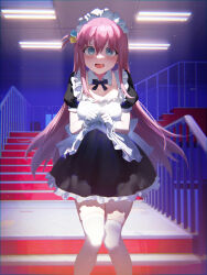 Rule 34 | 1girl, absurdres, apron, apron lift, black dress, black ribbon, blue eyes, blush, bocchi the rock!, breasts, ceiling light, clothes lift, cube hair ornament, detached collar, dress, feet out of frame, female focus, frilled apron, frills, gloves, gotoh hitori, hair between eyes, hair ornament, highres, indoors, juliet sleeves, knees together feet apart, lifted by self, long hair, long sleeves, looking at viewer, maid, maid apron, maid headdress, medium breasts, mixed-language commentary, neck ribbon, official alternate costume, open mouth, pink hair, puffy sleeves, ribbon, short sleeves, solo, stairs, standing, sweatdrop, thighhighs, white gloves, white thighhighs, white wrist cuffs, wrist cuffs, ying yi