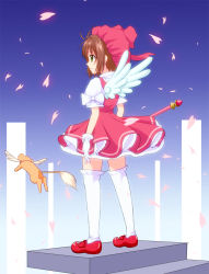 Rule 34 | 1990s (style), 1girl, ahoge, angel wings, bad id, bad pixiv id, bow, brown eyes, brown hair, cardcaptor sakura, cherry blossoms, child, creature, dress, flying, frills, fuuin no tsue, gloves, green eyes, hair intakes, hat, kero (cardcaptor sakura), kinomoto sakura, kusuri (medicine), magical girl, petals, retro artstyle, ribbon, shoes, short hair, solo, stairs, thighhighs, wand, white thighhighs, wings