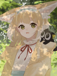 Rule 34 | 1girl, :d, absurdres, animal, animal ear fluff, animal ears, animal on shoulder, arknights, black cat, blonde hair, blue hairband, blue skirt, blurry, blurry background, brown jacket, cat, crossover, depth of field, fox ears, frilled hairband, frills, green eyes, hairband, highres, jacket, long hair, luo xiaohei, luo xiaohei zhanji, motoha, neck ribbon, open clothes, open jacket, open mouth, red ribbon, ribbon, shirt, signature, skirt, smile, suzuran (arknights), suzuran (spring praise) (arknights), upper body, white shirt