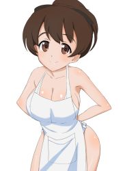 Rule 34 | 10s, 1girl, apron, blush, breasts, brown eyes, brown hair, cleavage, collarbone, denkaisui, girls und panzer, koyama yuzu, large breasts, looking at viewer, naked apron, simple background, smile, solo, thighs, white background