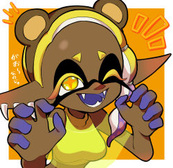 Rule 34 | 1girl, ;d, animal ears, asymmetrical hair, bear ears, blonde hair, blue skin, blue tongue, breasts, brown hairband, claw pose, colored eyelashes, colored skin, colored tongue, crop top, earrings, fake animal ears, fangs, forehead, frye (splatoon), gradient hair, gradient skin, hairband, hands up, inkling, jewelry, long pointy ears, medium breasts, multicolored hair, multicolored skin, multiple earrings, nintendo, one eye closed, open mouth, orange pupils, pointy ears, purple hair, see-through, shawl, shirt, short eyebrows, sleeveless, sleeveless shirt, smile, solo, splatoon (series), splatoon 3, teeth, tentacle hair, teo (teorekka), two-tone hair, two-tone skin, yellow eyes, yellow shawl, yellow shirt