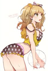 Rule 34 | 10s, 1girl, aged up, arched back, ball, bare shoulders, beachball, bikini, blonde hair, bow, breasts, brown eyes, character name, earrings, from side, frown, hair bow, hair ornament, idolmaster, idolmaster cinderella girls, jewelry, jougasaki rika, large breasts, leaning forward, long hair, nago purin, open mouth, simple background, solo, strap slip, sweat, sweatdrop, swimsuit, thighs, tsurime, two side up, white background