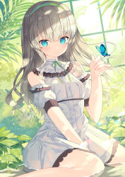 Rule 34 | 1girl, animal, bare shoulders, between legs, blue eyes, blush, bug, butterfly, closed mouth, commentary request, detached sleeves, dress, feet out of frame, green hairband, green ribbon, grey hair, hairband, hand between legs, hand up, highres, ikari (aor3507), indoors, insect, long hair, moe2020, neck ribbon, original, plant, puffy short sleeves, puffy sleeves, ribbon, shallow water, short sleeves, sitting, sleeveless, sleeveless dress, smile, solo, very long hair, wariza, water, white dress, white sleeves