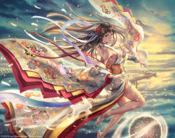 Rule 34 | 1girl, anbe yoshirou, animal, arm ribbon, armlet, artist name, bare back, bare shoulders, barefoot, breasts, brown eyes, brown hair, camellia, clenched hands, cloud, company name, confetti, detached sleeves, dragon, eastern dragon, floating hair, floral print, flower, flying, glowing, grass, hair flower, hair ornament, halterneck, highres, japanese clothes, kimono, leaf print, light particles, long hair, looking at viewer, looking back, obi, official art, orb, outdoors, peony print, petals, rabbit, red flower, red ribbon, ribbon, sash, shinma x keishou! ragnabreak, sideboob, sky, soles, solo, sunrise, tassel, transparent, twilight, wide sleeves