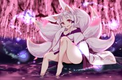 Rule 34 | 1girl, animal ears, bare shoulders, barefoot, cherry blossoms, fox ears, fox tail, highres, japanese clothes, kimono, kitsune, legs, long sleeves, multiple tails, original, purple eyes, short hair, sitting, sleeves past wrists, solo, tail, tree, wankoo-mikami, water, white hair