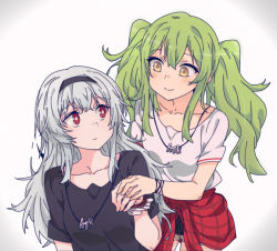 Rule 34 | 2girls, alternate costume, black shirt, blush, clothes around waist, collarbone, commentary, facing viewer, girls&#039; frontline, green hair, hairband, hand on another&#039;s hand, jacket, jacket around waist, jewelry, korean commentary, long hair, looking at another, m950a (girls&#039; frontline), multiple girls, necklace, red eyes, shirt, short sleeves, shorts, sidarim, silver hair, simple background, smile, thunder (girls&#039; frontline), twintails, upper body, white background, white shirt, yellow eyes