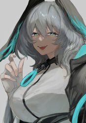 Rule 34 | 1girl, :d, arknights, black jacket, black wings, blue wings, breasts, feathered wings, fingerless gloves, gloves, green eyes, grey background, grey hair, grey nails, hair between eyes, hand up, head wings, highres, ho&#039;olheyak (arknights), jacket, large breasts, looking at viewer, nail polish, open clothes, open jacket, open mouth, senjou no pentsu, shirt, simple background, smile, solo, teeth, upper body, upper teeth only, white gloves, white shirt, wings