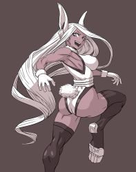 Rule 34 | 10s, 1girl, animal ears, armpits, ass, bare shoulders, black thighhighs, boku no hero academia, breasts, dark-skinned female, dark skin, gloves, grey background, happy, highleg, highleg leotard, highres, large breasts, leg up, leotard, long hair, looking at viewer, looking back, mirko, monochrome, muscular, muscular female, noneim, open mouth, pointy ears, rabbit ears, rabbit girl, rabbit tail, simple background, smile, solo, standing, standing on one leg, tail, teeth, thighhighs, tongue, very long hair, white gloves, white hair