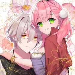 Rule 34 | 1boy, 1girl, atelier (series), atelier escha &amp; logy, bracelet, capelet, closed mouth, commentary request, escha malier, floral background, green eyes, grey hair, hair between eyes, hand on another&#039;s shoulder, highres, jewelry, logix ficsario, long hair, looking at viewer, pink hair, red capelet, sakae (1210hati), short hair, smile, upper body, yellow eyes