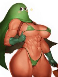 Rule 34 | 1girl, abs, bare shoulders, blush stickers, breasts, dragon quest, fumio (rsqkr), gender request, genderswap, gloves, green gloves, highres, hood, hood (dq), hood (dragon quest), large breasts, looking at viewer, mask, muscular, muscular female, personification, simple background, solo, square enix, thick thighs, thighs, toned, white background