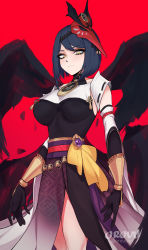 Rule 34 | 1girl, arm guards, artist name, black hair, black wings, breasts, closed mouth, commentary, detached sleeves, english commentary, genshin impact, gloves, highres, japanese clothes, kujou sara, large breasts, looking at viewer, mask, mask on head, orouu, red background, short hair, simple background, solo, tassel, tengu mask, vision (genshin impact), wings, yellow eyes