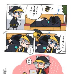 Rule 34 | 1other, 2girls, ambiguous gender, amiya (arknights), animal ears, arknights, baseball cap, blue eyes, chibi, click (arknights), comic, commentary request, doctor (arknights), drone, ears through headwear, hat, highres, hood, hooded coat, hooded jacket, jacket, mouse ears, mouse girl, mouse tail, multiple girls, nuu (nu-nyu), selfie, shirt, sleeping, smile, speech bubble, tail, taking picture, translation request, two-tone headwear, v, yellow shirt, zzz