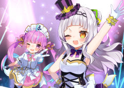 Rule 34 | 2girls, :d, absurdres, alternate breast size, anchor print, armpits, bad id, bad pixiv id, blue hair, blunt bangs, blush, breasts, cleavage, colored inner hair, dress, gloves, grey hair, hand up, hat, highres, hololive, idol, looking at viewer, maid headdress, minato aqua, mini hat, mini top hat, multicolored hair, multiple girls, murasaki shion, noi mine, open mouth, orange eyes, pink hair, purple headwear, smile, top hat, twintails, v, virtual youtuber, white dress, white gloves