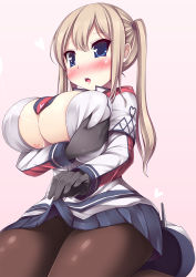 Rule 34 | 10s, 1girl, bad id, bad pixiv id, between breasts, bikini, black gloves, blonde hair, blue eyes, blue skirt, blush, breast hold, breasts, capelet, celtic knot, chestnut mouth, clothes lift, collar, female focus, gloves, graf zeppelin (kancolle), heart, heart print, kantai collection, large breasts, long hair, miniskirt, morita (moritania), necktie, nose blush, open clothes, open mouth, open shirt, panties, panties under pantyhose, pantyhose, pink background, pleated skirt, shirt, side-tie bikini bottom, simple background, sitting, skirt, skirt lift, solo, suggestive fluid, swimsuit, two side up, underwear