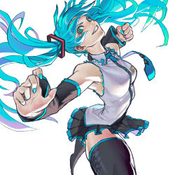 Rule 34 | 1girl, aqua eyes, aqua hair, black footwear, black thighhighs, boots, clenched hand, detached sleeves, grin, hatsune miku, highres, long hair, loped, necktie, punching, smile, solo, thigh boots, thighhighs, twintails, very long hair, vocaloid, zettai ryouiki