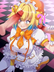 Rule 34 | !?, + +, 1girl, 2boys, beret, blonde hair, blue eyes, blue hair, blush, bombergirl, breasts, censored, checkered floor, clover-shaped pupils, colored tips, dress, fang, frilled dress, frills, hair ornament, handjob, hat, highres, large breasts, looking at penis, mosaic censoring, multicolored hair, multiple boys, open mouth, orange headwear, penis, penis awe, pine (bombergirl), seiza, short hair, sitting, skin fang, solo focus, sweatdrop, symbol-shaped pupils, tajima yoshikazu, testicles, two-tone hair, two side up, white dress, white legwear, yellow footwear