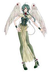 Rule 34 | 1990s (style), 1girl, absurdres, ahoge, angel wings, ankle cuffs, bad proportions, bow, choker, earrings, finn fish, flower, frills, green hair, green thighhighs, high heels, highres, jewelry, kamikaze kaitou jeanne, pointy ears, red flower, red rose, retro artstyle, ribbon, rio218, rose, see-through, shoes, short hair, sidelocks, solo, thighhighs, wings, wrist cuffs