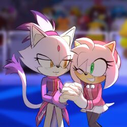 Rule 34 | 2girls, amy rose, animal ears, blaze the cat, cat ears, cat girl, cat tail, forehead jewel, furry, furry female, gloves, green eyes, hedgehog girl, holding hands, multiple girls, one eye closed, pants, ponytail, sketch, smile, softyleonita, sonic (series), tail, white gloves, white pants, yellow eyes