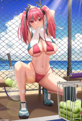 Rule 34 | 1girl, absurdres, armpits, arms behind head, arms up, artist name, azur lane, ball, bare shoulders, beach, bench, bikini, bikini under clothes, blue sky, blush, bottle, breasts, bremerton (azur lane), bremerton (scorching-hot training) (azur lane), chain-link fence, chinese commentary, cleavage, cloud, commentary, crop top, day, fence, full body, green footwear, grey hair, hair between eyes, hair intakes, hair ornament, hairclip, heart, heart necklace, highres, jewelry, large breasts, lens flare, light rays, long hair, looking at viewer, midriff, miniskirt, mole, mole under eye, motion blur, mouth hold, multicolored hair, navel, necklace, no pants, ocean, official alternate costume, outdoors, pink bikini, pink eyes, pink hair, racket, shadow, shirt, shoes, side-tie bikini bottom, sidelocks, skirt, sky, sleeveless, sleeveless shirt, sneakers, solo, spill, sportswear, squatting, stomach, streaked hair, sunbeam, sunlight, sweat, swimsuit, tennis ball, tennis racket, tennis uniform, thighs, twintails, two-tone hair, two-tone shirt, underboob, water bottle, x hair ornament, yuxing yuhang