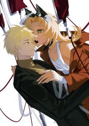 Rule 34 | 2boys, absurdres, animal ears, atou haruki, bandaged hand, bandages, black jacket, blonde hair, blood, blood bag, brown eyes, brown jacket, closed mouth, collar, commentary, fangs, green eyes, hand on another&#039;s back, hand on another&#039;s chest, highres, jacket, lereveducoucou, long sleeves, male focus, medium hair, multiple boys, open clothes, open jacket, open mouth, parted bangs, saibou shinkyoku, shinano eiji, short hair, sweater, symbol-only commentary, tank top, turtleneck, turtleneck sweater, white tank top, wolf ears, yellow sweater