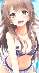 Rule 34 | 10s, 1girl, ashigara (kancolle), blush, breasts, brown eyes, brown hair, cleavage, day, kantai collection, leaning forward, long hair, looking at viewer, marimo kei, medium breasts, open mouth, sky, solo, swimsuit