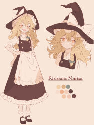 Rule 34 | 1girl, :d, absurdres, apron, black dress, black hat, blonde hair, bow, braid, character name, closed mouth, color guide, dress, expressionless, frilled apron, frilled dress, frills, full body, green bow, hair bow, hand on own hip, hat, hat bow, highres, iris-san, kirisame marisa, long hair, looking at viewer, multiple views, open mouth, sidelocks, simple background, single braid, smile, solo, standing, touhou, white apron, white bow, witch hat, yellow eyes