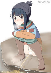 Rule 34 | 1girl, 2020, 20s, black eyes, black hair, black headwear, blue jacket, blue pants, blue scarf, blush, boots, brown footwear, brown sweater, censored, clothes pull, crossed arms, dated, denim, february, hat, jacket, jeans, knee boots, long sleeves, looking at viewer, minamimachi naname, mittens, pants, pants pull, peeing, pussy, red scarf, river, scarf, shima rin, short hair, short sleeves, squatting, striped clothes, striped scarf, sweater, water, white scarf, yurucamp
