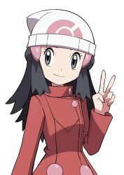 Rule 34 | 1girl, anime coloring, bad id, bad twitter id, beanie, blue eyes, blue hair, closed mouth, cowboy shot, creatures (company), dawn (pokemon), game freak, hat, highres, jacket, long hair, looking at viewer, nintendo, pokemon, pokemon dppt, pokemon platinum, red jacket, smile, solo, v, white background, white hat, yoshi (moco1)