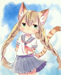 Rule 34 | animal ear fluff, animal ears, arms behind back, blush, body fur, cat, cat ears, cat girl, cat tail, commentary request, cowboy shot, furry, furry female, green eyes, kemoribon, long hair, looking away, original, pleated skirt, sailor collar, school uniform, skirt, solo, standing, striped tail, tail, twintails