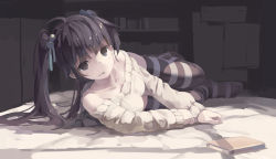 Rule 34 | 1girl, bare shoulders, black eyes, black hair, book, hair bobbles, hair ornament, huanxiang huifeng, indoors, looking at viewer, lying, md5 mismatch, on bed, on side, original, resolution mismatch, solo, source larger, striped clothes, striped thighhighs, thighhighs, twintails