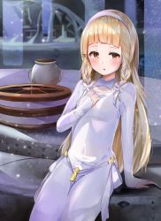 Rule 34 | 1girl, arm support, blonde hair, blunt bangs, blush, braid, breasts, brown eyes, commentary request, dress, hairband, hand on own chest, hand up, highres, leaning back, long dress, long hair, long sleeves, looking at viewer, maquia (sayoasa), parted lips, racchi., sayonara no asa ni yakusoku no hana wo kazarou, side braids, sleeves past wrists, small breasts, solo, vase, very long hair, white dress, white hairband