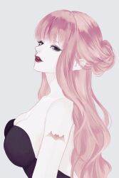 Rule 34 | 1girl, arm tattoo, bad id, bad twitter id, bat tattoo, black dress, black eyeshadow, blunt bangs, commentary request, dress, eyelashes, eyeshadow, grey background, hair bun, highres, long hair, looking at viewer, makeup, mascara, one piece, oppaipai, pale skin, perona, profile, red lips, sidelocks, solo, strapless, strapless dress, tattoo, upper body