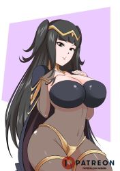 Rule 34 | 1girl, armband, black hair, breasts, cape, fire emblem, fire emblem awakening, grey eyes, hands on own chest, large breasts, looking at viewer, navel, nintendo, revista-paradoja, solo, tharja (fire emblem), watermark, web address