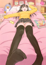 Rule 34 | 1girl, absurdres, artbook, bed, bedroom, black hair, black thighhighs, blush, breasts, cellphone, cellphone strap, character request, digital media player, feet, foot focus, hagure tanishi, headphones, highres, indoors, ipod, long hair, lying, magazine (object), medium breasts, no shoes, on back, on bed, open mouth, panties, pantyshot, phone, soles, solo, stuffed animal, stuffed penguin, stuffed toy, sweater, thighhighs, tissue, tissue box, underwear, upskirt, white panties