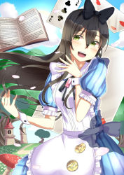 Rule 34 | 1girl, :d, alice (alice in wonderland), alice (alice in wonderland) (cosplay), alice in wonderland, bang dream!, black bow, black hair, blue dress, blue sky, blush, book, bow, card, cloud, cosplay, day, dress, grass, green eyes, hair between eyes, hair bow, hanazono tae, karakuri musha, long hair, looking at viewer, mushroom, open book, open mouth, outdoors, path, playing card, puffy short sleeves, puffy sleeves, road, short sleeves, sky, smile, solo, standing, tower, wrist cuffs